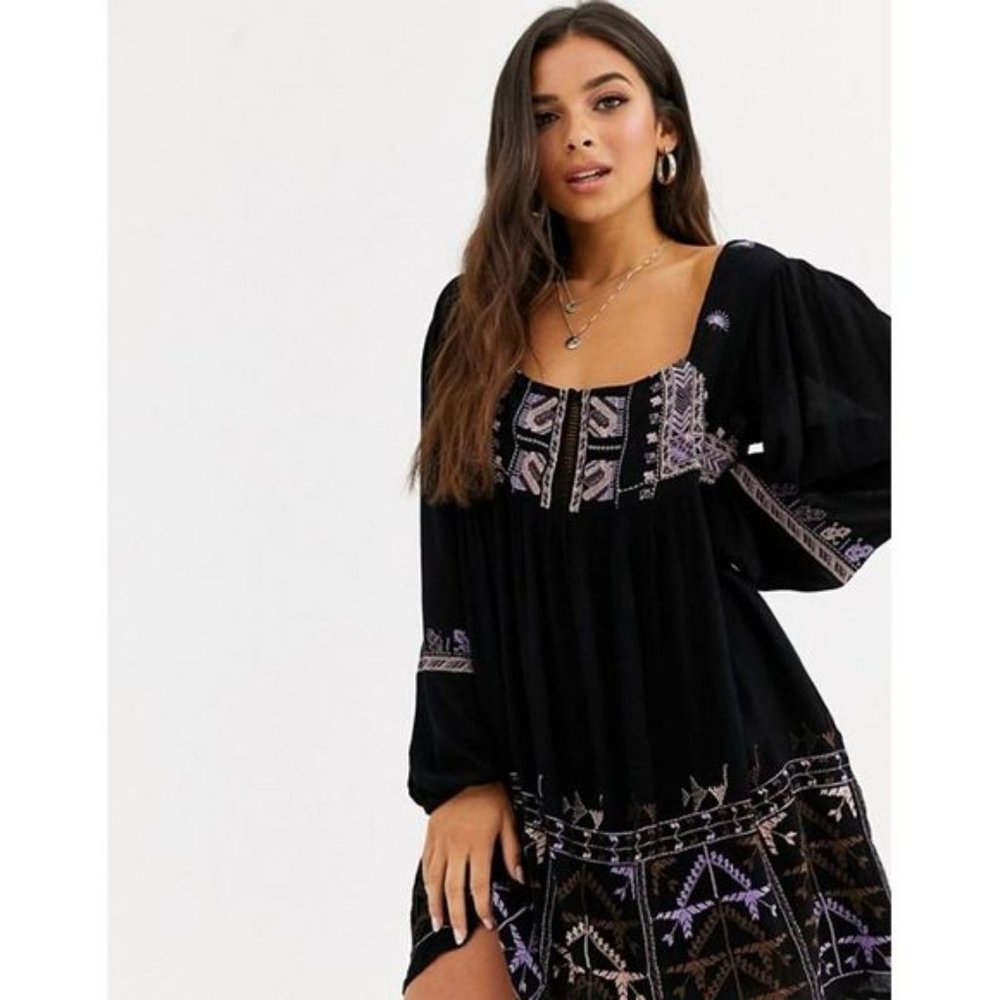 NWT Free People Rhiannon Embroidered Black Minidress (Sz S)